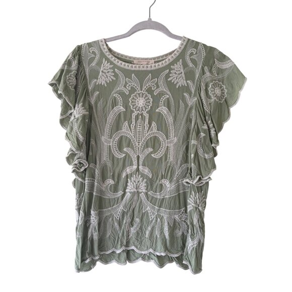 Solitaire Womens Embroidered Blouse S Flutter Sleeve Green Top - Picture 2 of 12